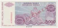 Bosna a Hercegovina, 5000 Dinara 1993, bankovní vzor, A 0000000, přet. SPECIMEN, P.149s