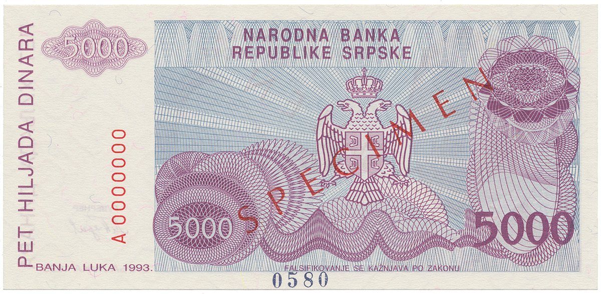 Bosna a Hercegovina, 5000 Dinara 1993, bankovní vzor, A 0000000, přet. SPECIMEN, P.149s