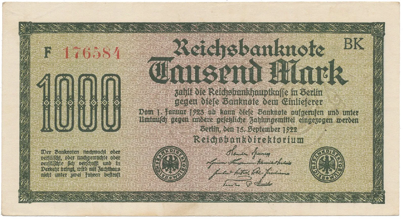 Německo, 1000 Mark 1922, vod. Mäander, červené 6-místné číslo, Ro.75g