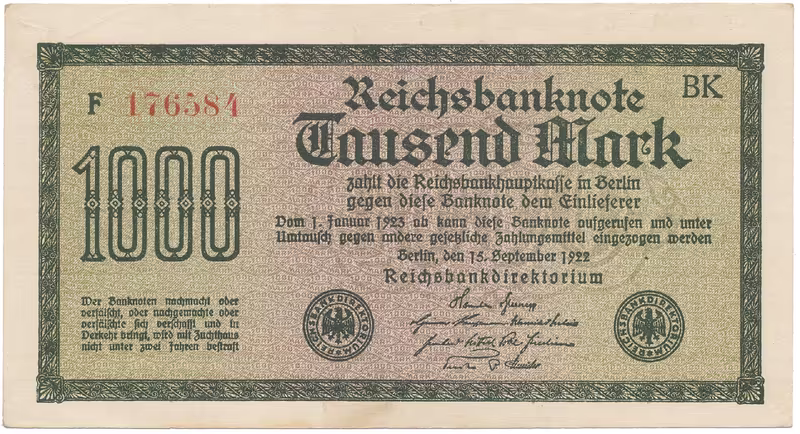 Německo, 1000 Mark 1922, vod. Mäander, červené 6-místné číslo, Ro.75g