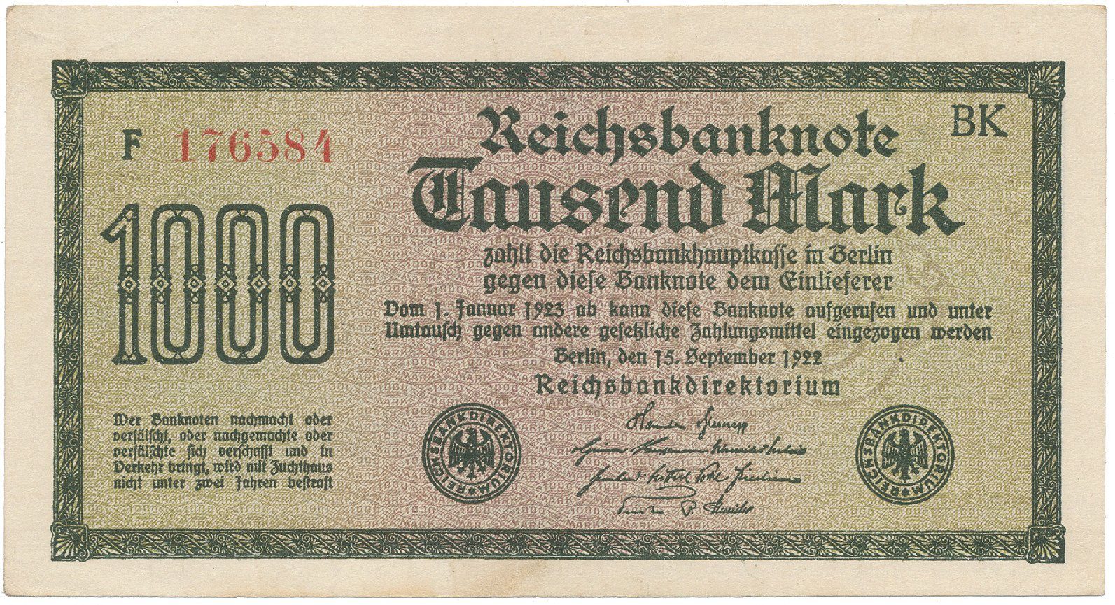 Německo, 1000 Mark 1922, vod. Mäander, červené 6-místné číslo, Ro.75g