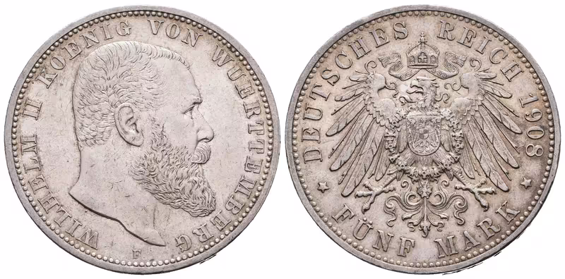 Württemberg, 5 Marka 1908 F