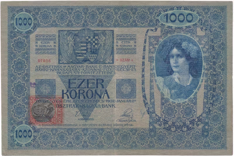 Československo, 1000 Koruna 1902 + kolek 1919, Hej.6