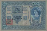 Československo, 1000 Koruna 1902 + kolek 1919, Hej.6