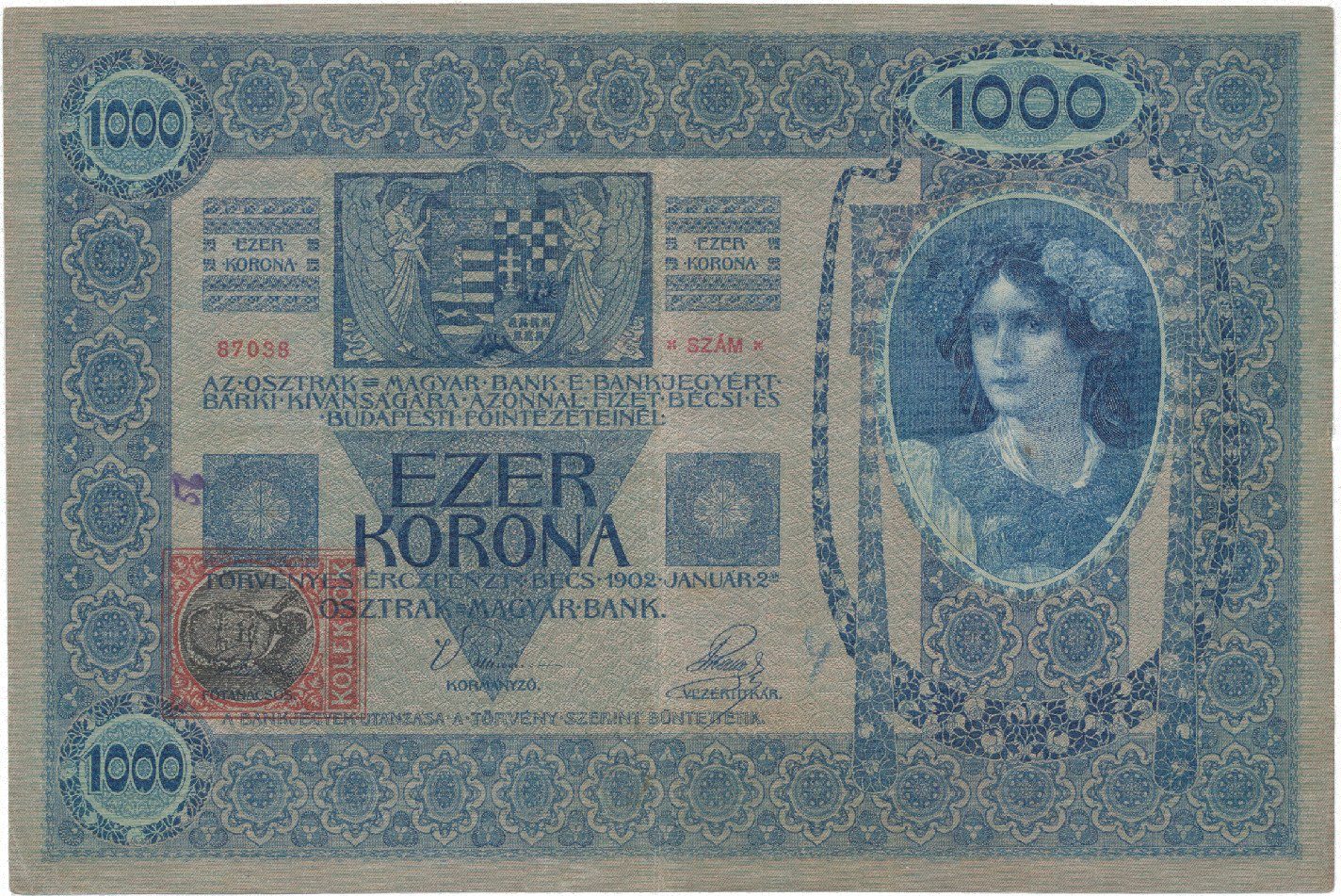 Československo, 1000 Koruna 1902 + kolek 1919, Hej.6