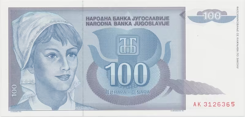 Jugoslávie, 100 Dinara 1992, P.112