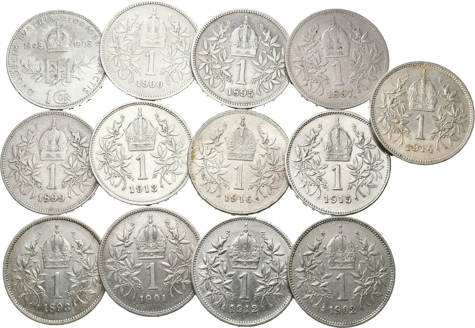 Soubor mincí 1 Koruna 1893-1895, 1897, 1899, 1900, 1901, 1902, 1908, — 1