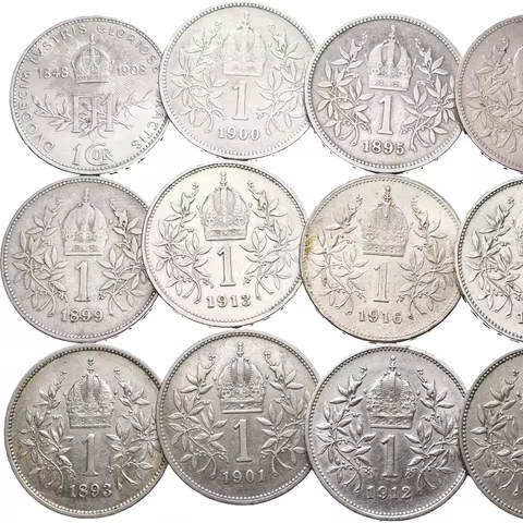 Soubor mincí 1 Koruna 1893-1895, 1897, 1899, 1900, 1901, 1902, 1908,