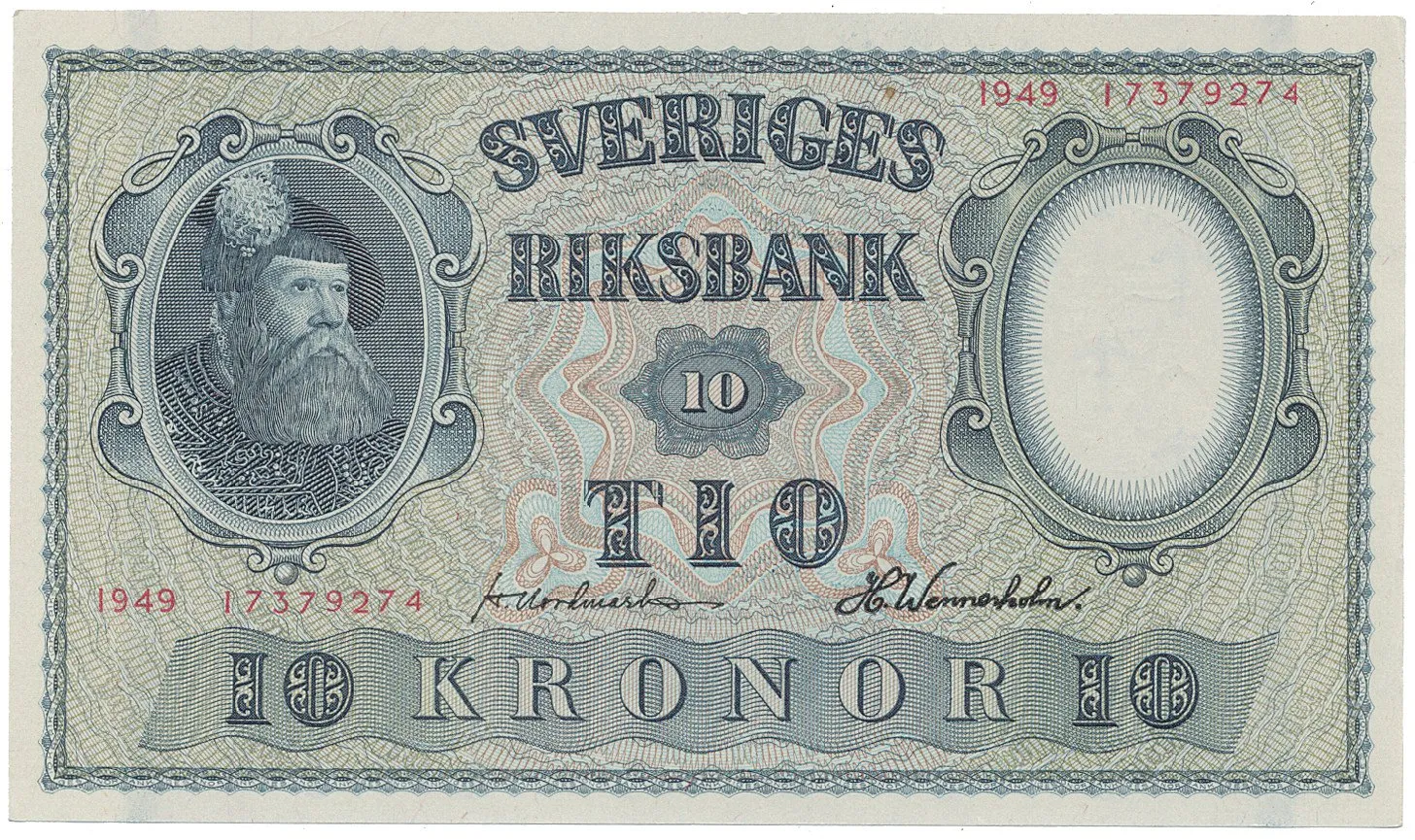Švédsko, 10 Kronor 1949, červený číslovač, P.40j