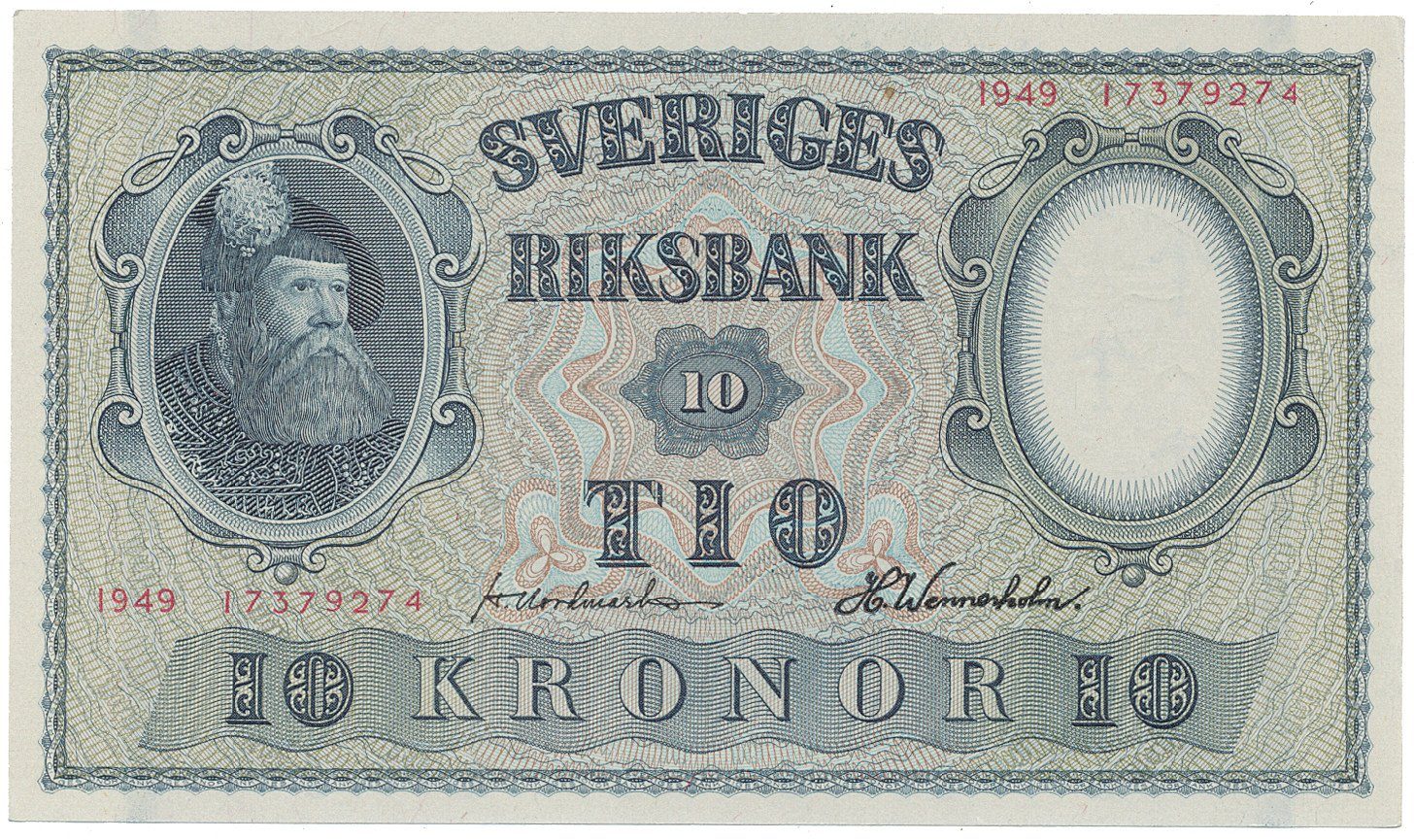 Švédsko, 10 Kronor 1949, červený číslovač, P.40j