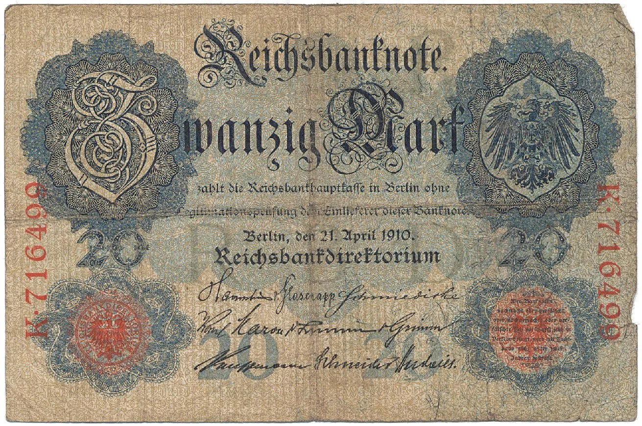 Německo, 20 Mark 1910, 6-místný číslovač, Ro.40a