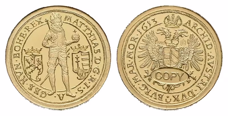 Replika pražského desetidukátu Matyáše II. z roku 1613