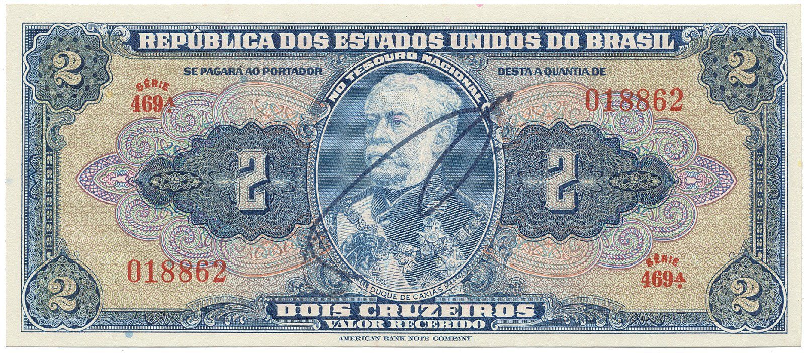 Brazílie, 2 Cruzeiros (1943~1944), s ručním podpisem, P.133