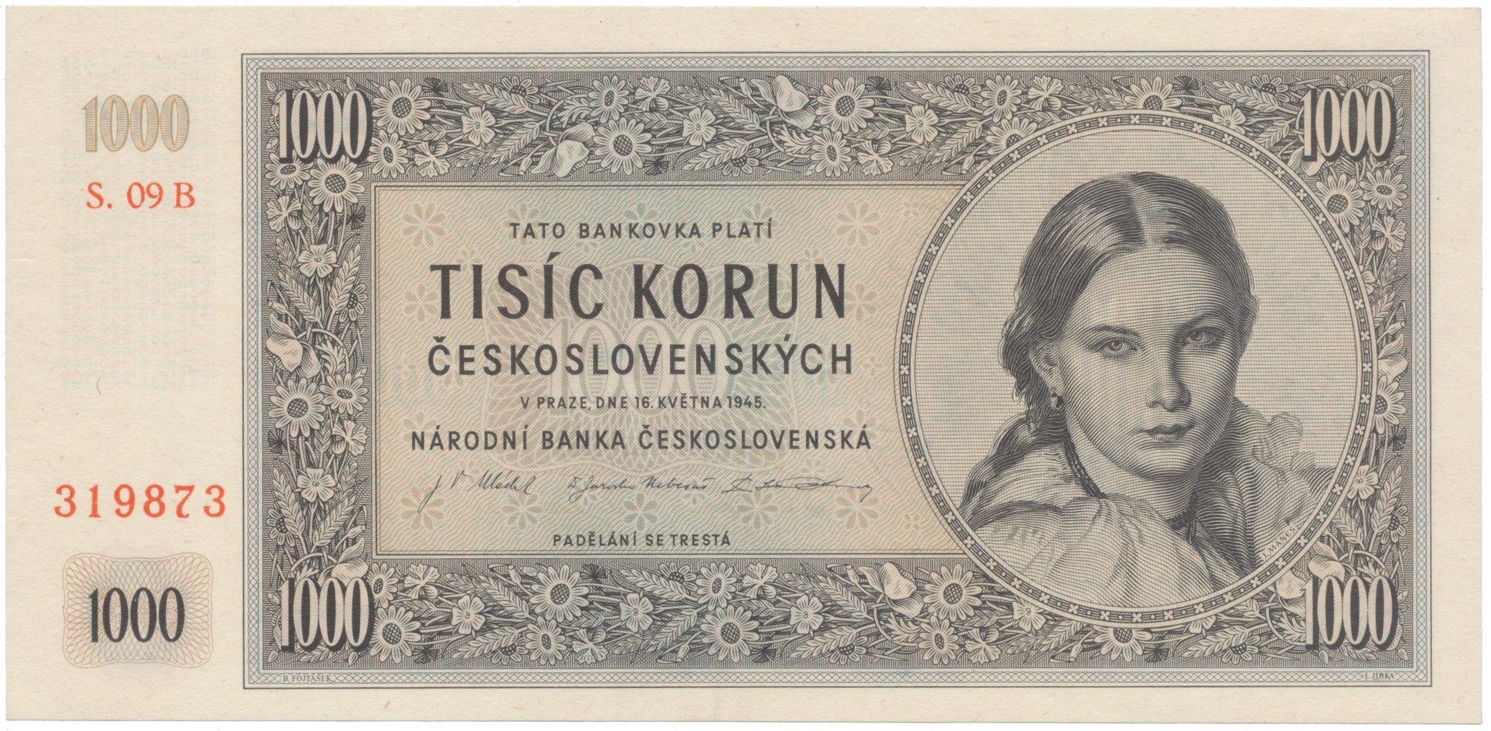 1000 Koruna 1945, I. vydání, série B, Hej.78b