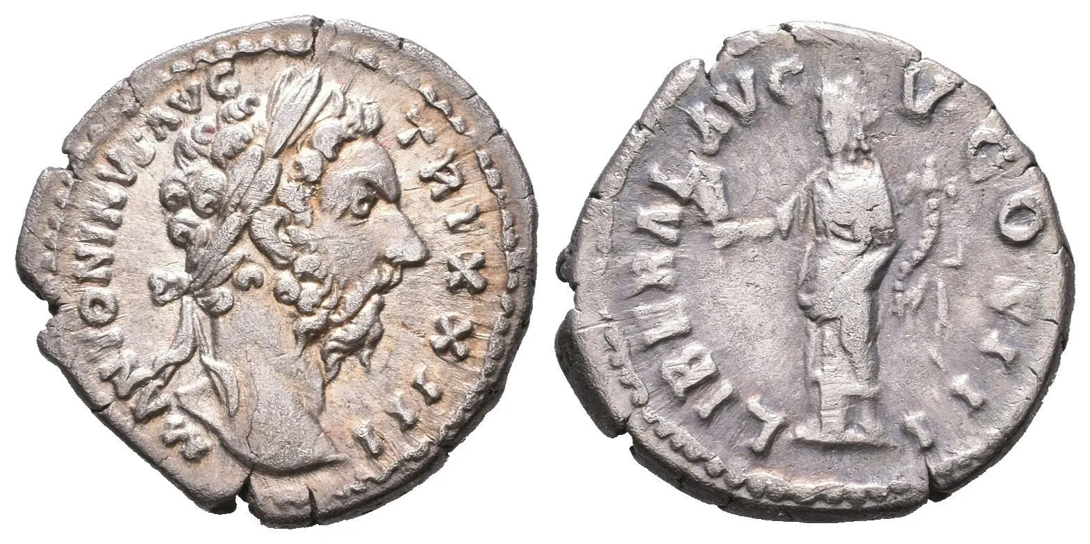 Denár, 168 - 169, Rv: LIBERAL AVGV COS III, stojící Liberalitas zleva drží abacus a roh — 1