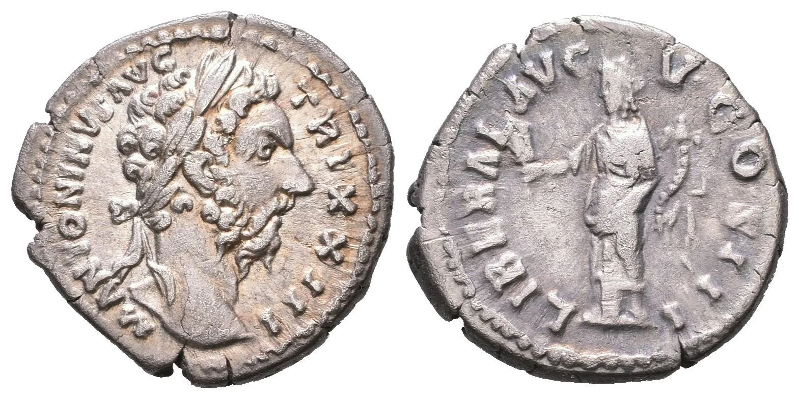 Denár, 168 - 169, Rv: LIBERAL AVGV COS III, stojící Liberalitas zleva drží abacus a roh — 1