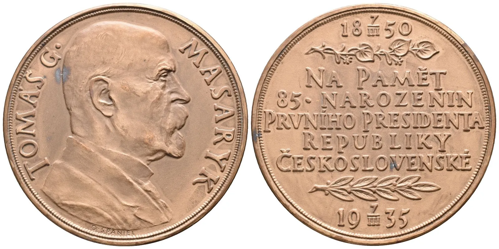 AE Medaile 1935 - K 85. narozeninám T. G. Masaryka. Poprsí T. G. Masaryka zprava, — 1
