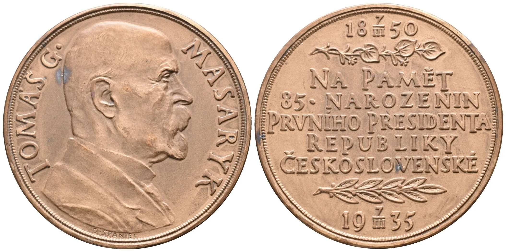 AE Medaile 1935 - K 85. narozeninám T. G. Masaryka. Poprsí T. G. Masaryka zprava, — 1