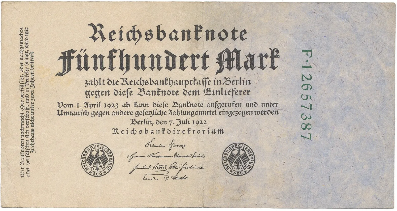 Německo, 500 Mark 1922, zelený 8-místný číslovač, Ro.71c