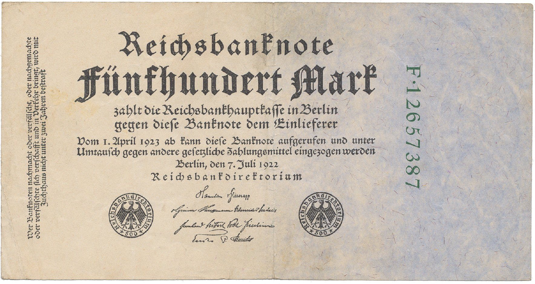 Německo, 500 Mark 1922, zelený 8-místný číslovač, Ro.71c