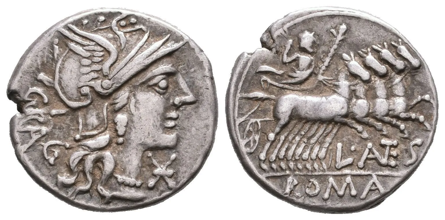 Denár, Hlava Romy v přilbě zprava, za ní GRAG / Jupiter v qudrize jedoucí doprava, — 1