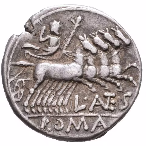 Denár, Hlava Romy v přilbě zprava, za ní GRAG / Jupiter v qudrize jedoucí doprava,