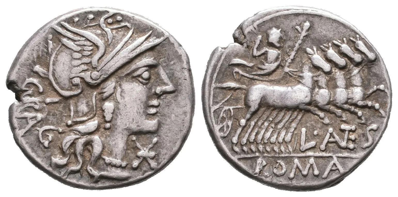 Denár, Hlava Romy v přilbě zprava, za ní GRAG / Jupiter v qudrize jedoucí doprava, — 1