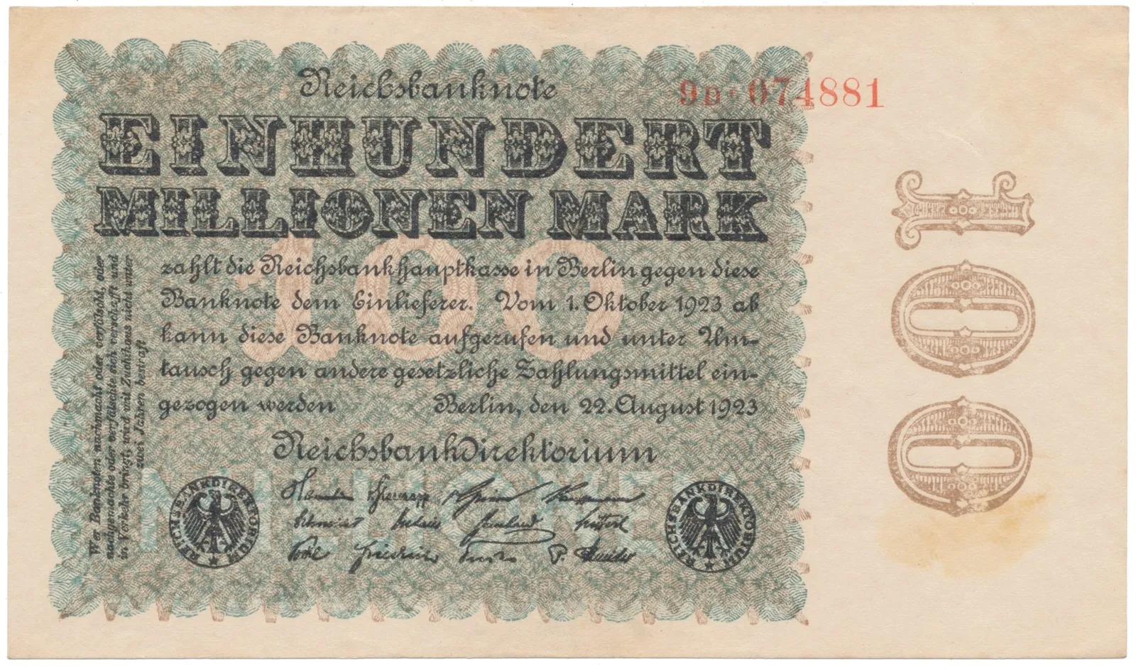 Německo, 100 Millionen Mark 1923, Kreuzblütten, Ro.106F