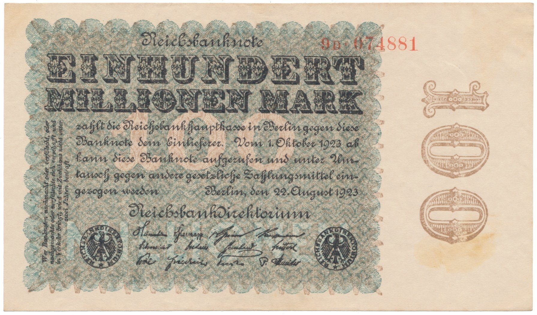 Německo, 100 Millionen Mark 1923, Kreuzblütten, Ro.106F
