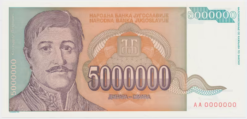 Jugoslávie, 5.000.000 Dinara 1993, anulát AA 0000000, P.132
