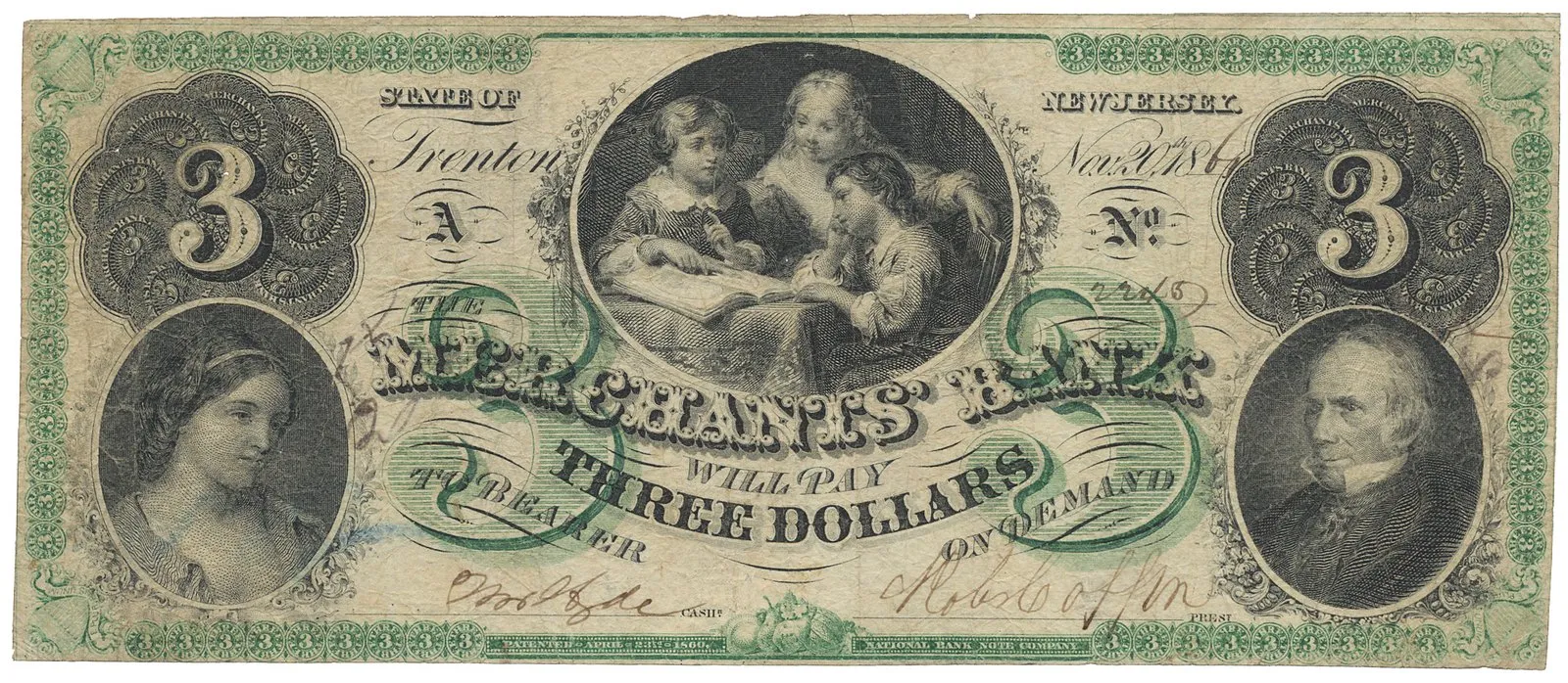 USA, New Jersey, Trenton, The Merchants Bank, 3 Dollars 20. 11. 1860