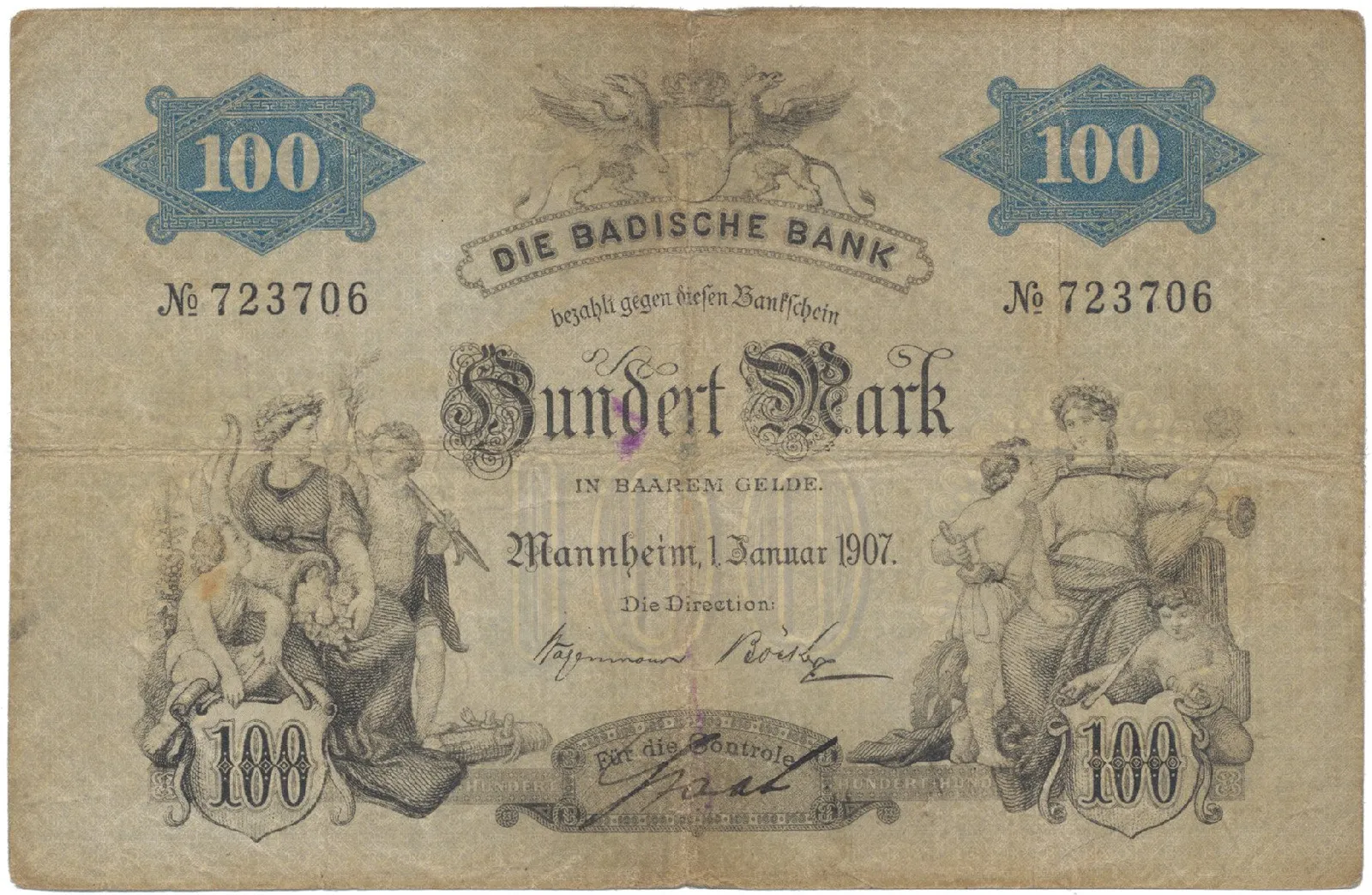 Německo, Baden, 100 Mark 1907, Ros.BAD5a