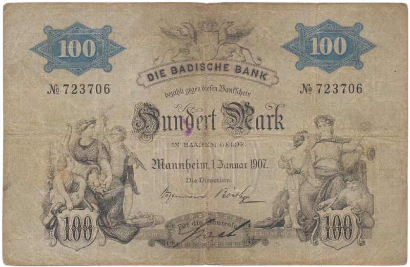 Německo, Baden, 100 Mark 1907, Ros.BAD5a