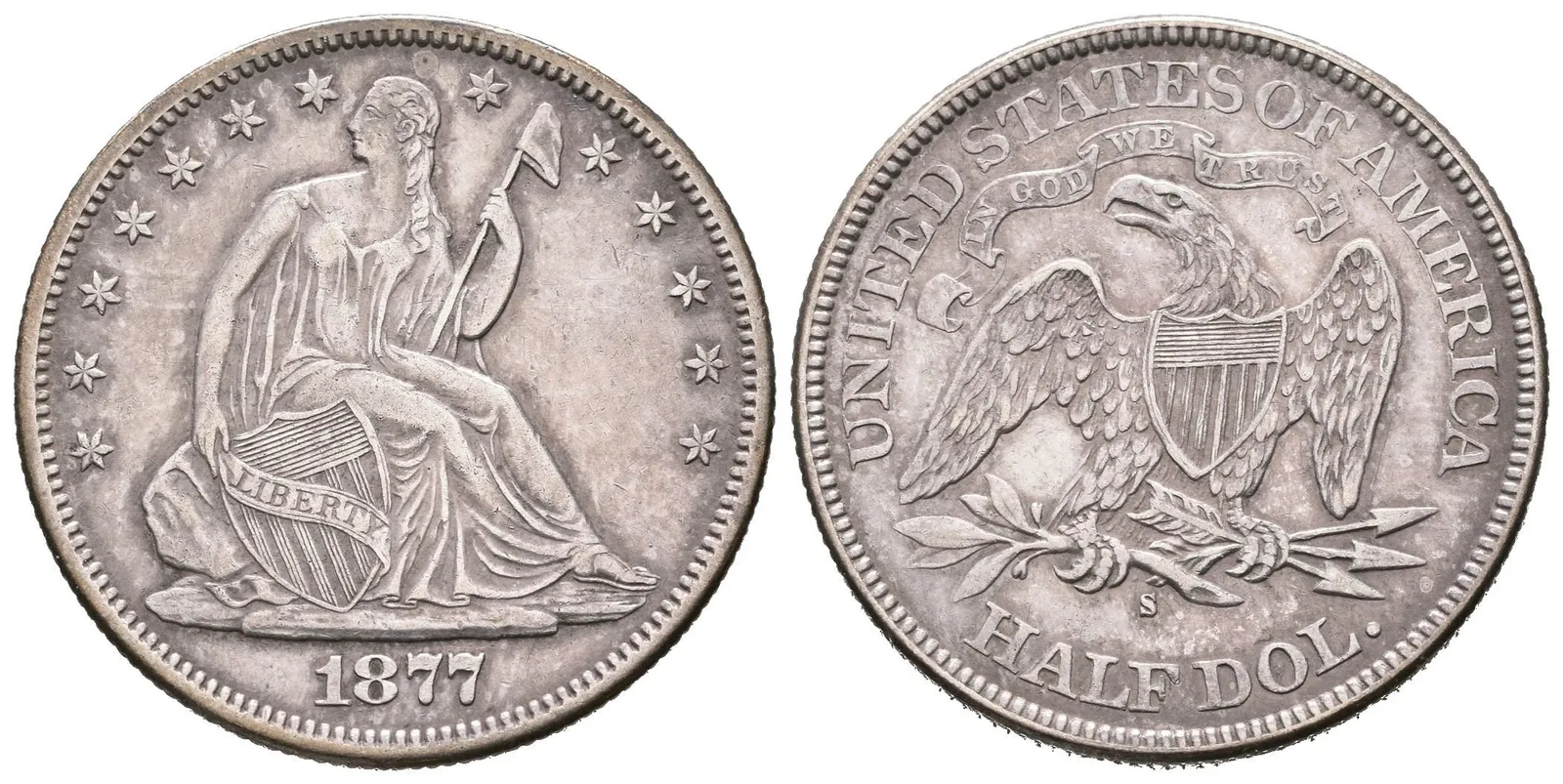 1/2 Dollar 1877 S, KM.A99, pěkná zachovalost, patina, rysky, — 1