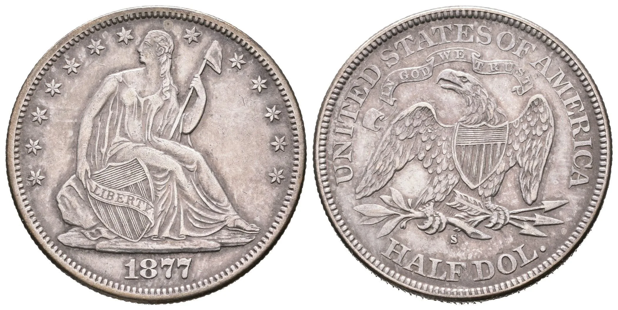 1/2 Dollar 1877 S, KM.A99, pěkná zachovalost, patina, rysky, — 1