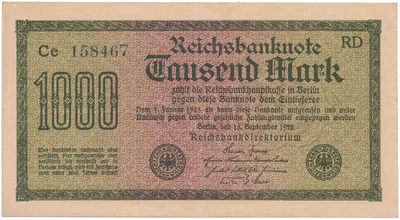 Německo, 1000 Mark 1922, vod. Gitter, zelené 6-místné číslo, Ro.75m