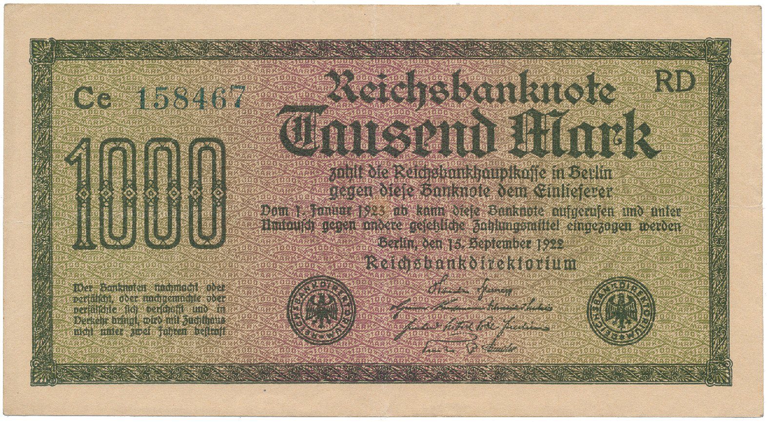 Německo, 1000 Mark 1922, vod. Gitter, zelené 6-místné číslo, Ro.75m