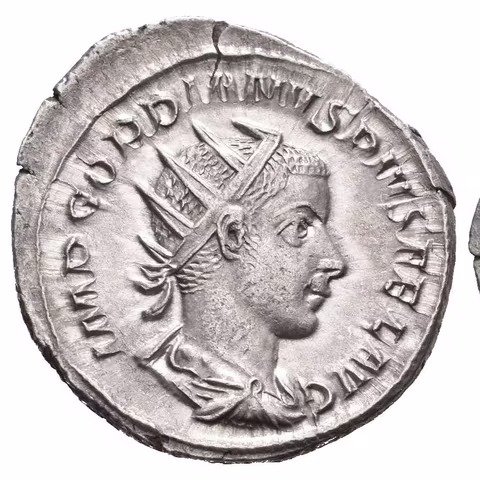 Antoninian, 241 - 243, Rv: P M TR P V COS II P P, stojící Gordian ve