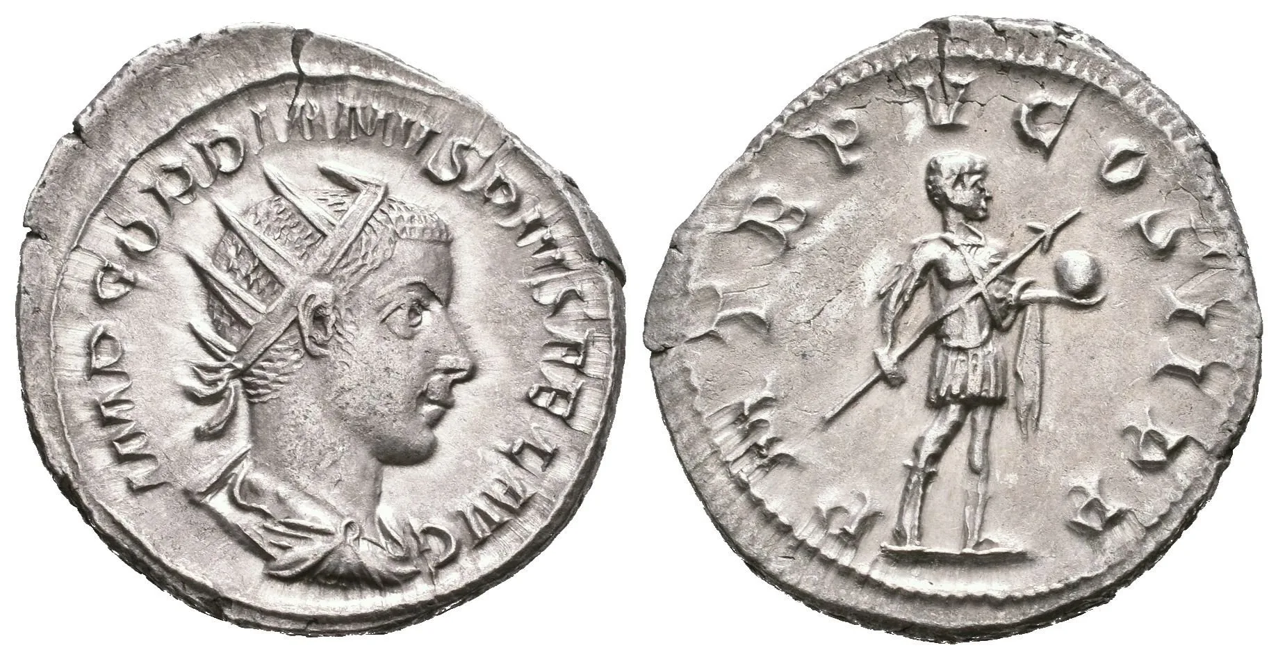 Antoninian, 241 - 243, Rv: P M TR P V COS II P P, stojící Gordian ve — 1