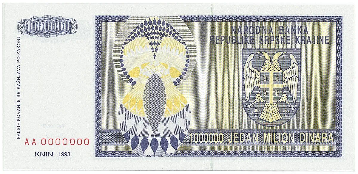 Chorvatsko - Srbská Krajina, 1.000.000 Dinara 1993, anulát, AA 0000000, P.R10