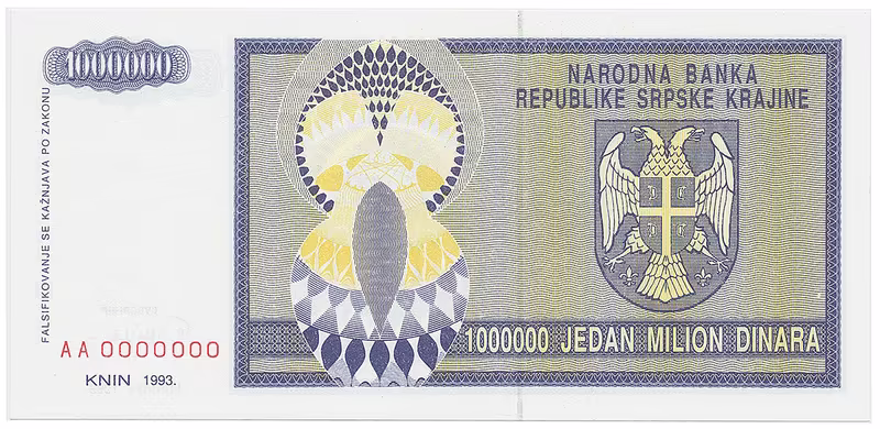 Chorvatsko - Srbská Krajina, 1.000.000 Dinara 1993, anulát, AA 0000000, P.R10
