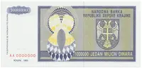 Chorvatsko - Srbská Krajina, 1.000.000 Dinara 1993, anulát, AA 0000000, P.R10