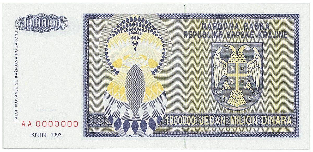 Chorvatsko - Srbská Krajina, 1.000.000 Dinara 1993, anulát, AA 0000000, P.R10