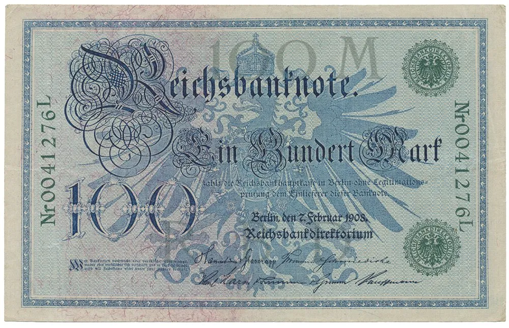 Německo, 100 Mark 1908, zelený číslovač, Ro.34