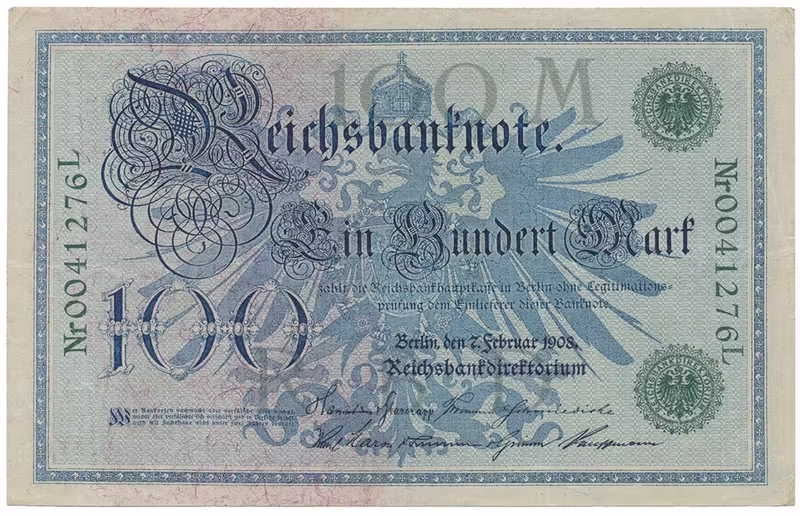 Německo, 100 Mark 1908, zelený číslovač, Ro.34
