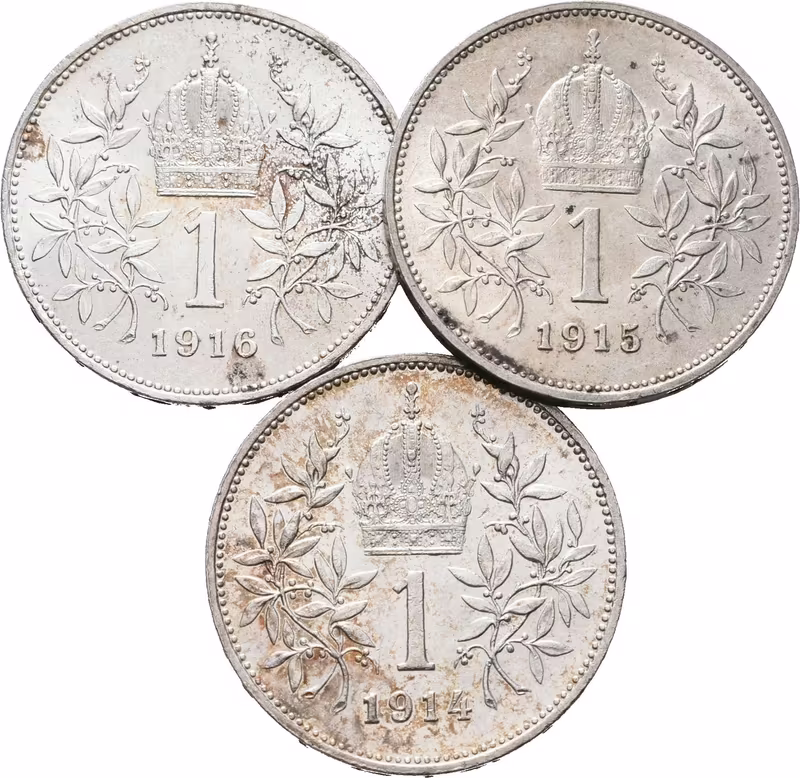 1 Koruna 1914,1915 a 1916, lot 3 kusů