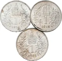 1 Koruna 1914,1915 a 1916, lot 3 kusů