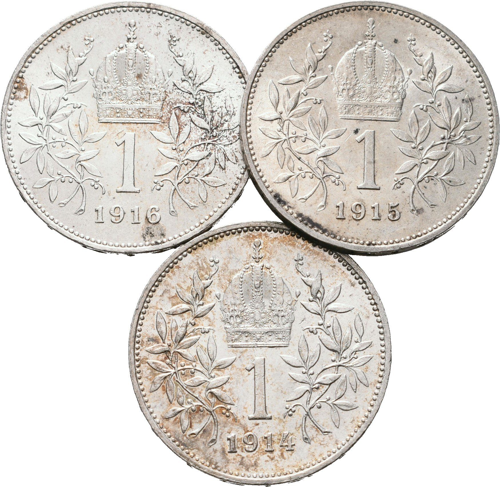 1 Koruna 1914,1915 a 1916, lot 3 kusů