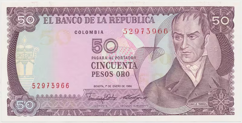 Kolumbie, 50 Pesos Oro 1986, P.425