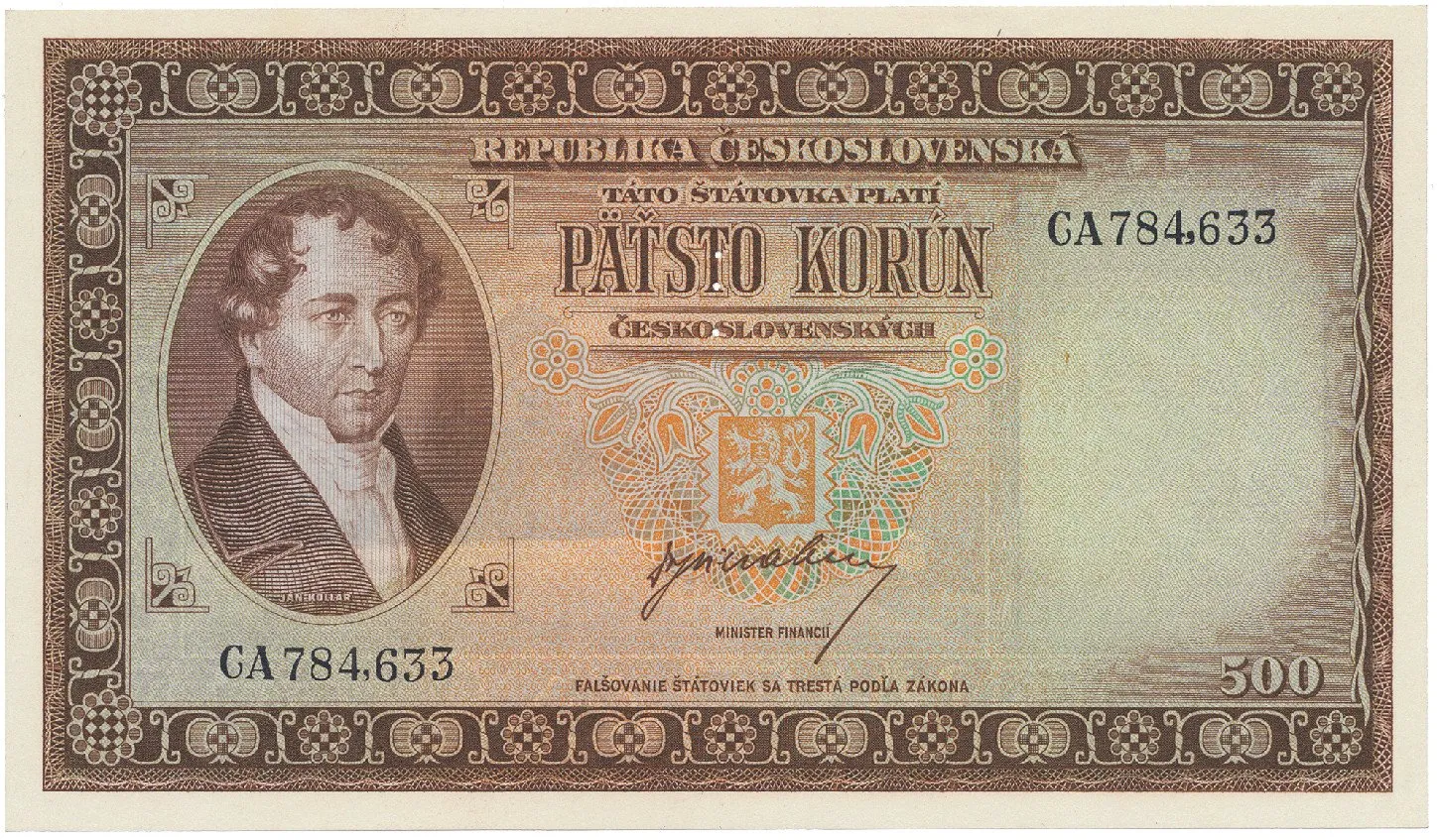 500 Koruna b.d. (1945), perforace 3 m.d., Hej.75a.S1